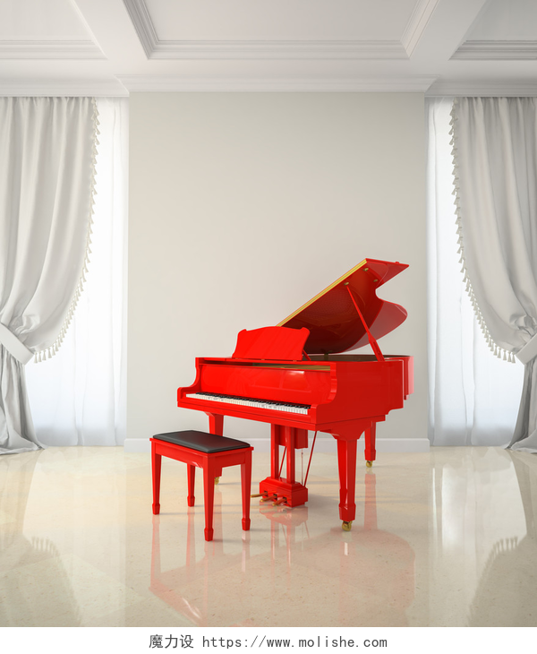 大厅里的一架红色钢琴在经典的风格，与红色钢琴的房间